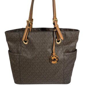 Michael Kors Brown Signature Coated Canvas Jet Set East/West Tote w/ Bag Charm